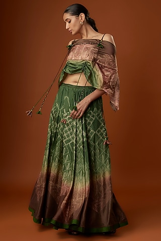 Green Silk Draped Skirt Set by Script