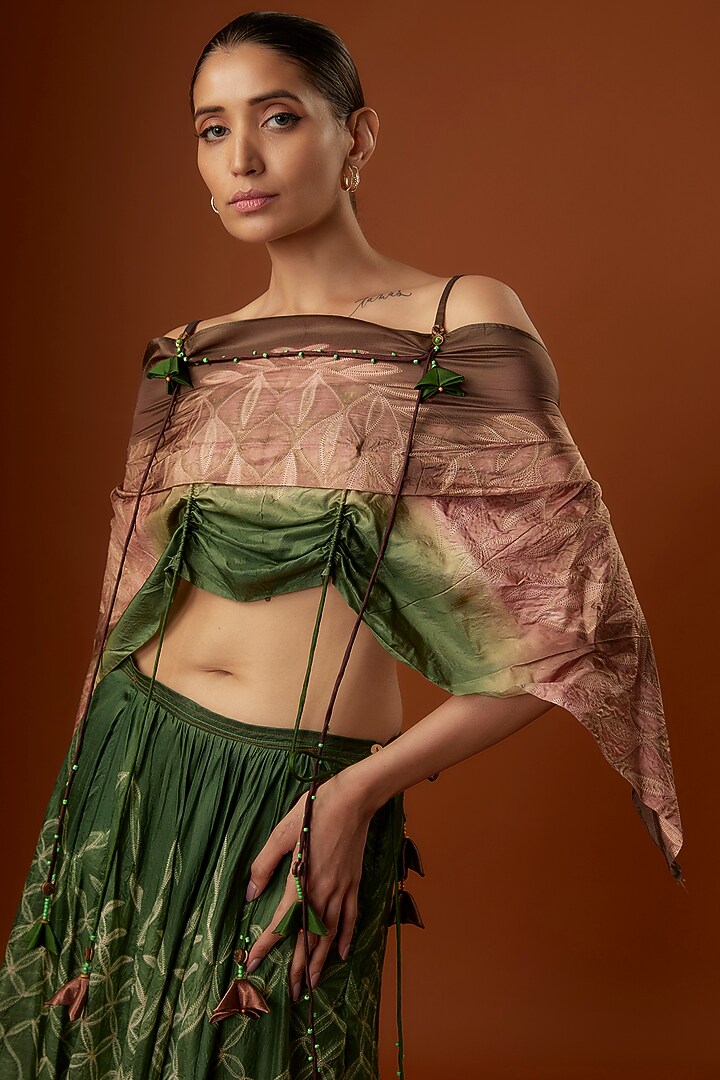 Green Silk Draped Skirt Set by Script at Pernia's Pop Up Shop