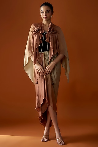 Hazelnut & Pistachio Ombre Satin Draped Skirt Set by Script