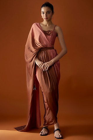 Dusky Rose & Hazelnut Satin Pre-Stitched Saree Set by Script