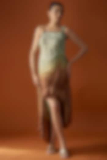 Light Fern & Walnut Brown Satin Draped Midi Dress by Script