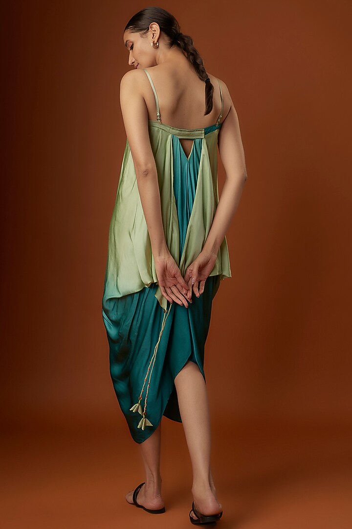 Light Fern & Indigo Satin Draped Midi Summer Dress by Script at Pernia's Pop Up Shop