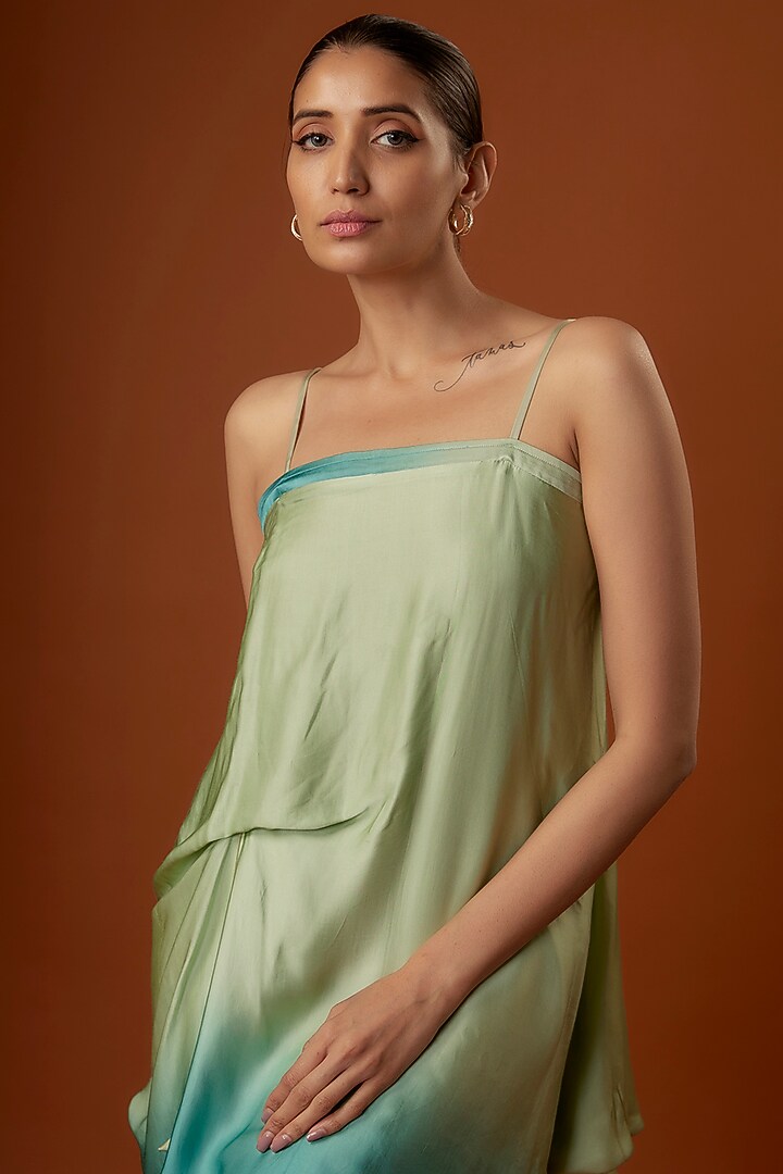 Light Fern & Indigo Satin Draped Midi Summer Dress by Script at Pernia's Pop Up Shop