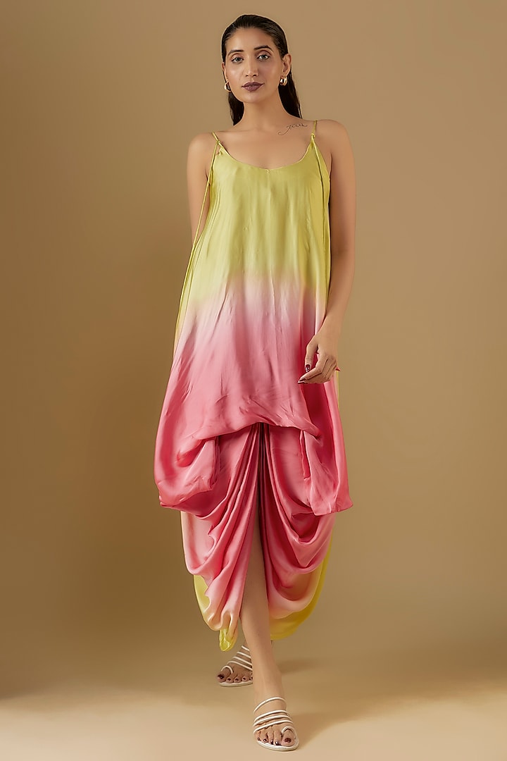 Lime & Peach Ombre Satin Draped Dress by Script