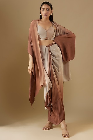 Beige & Walnut Brown Ombre Crepe Cowl Skirt Set by Script