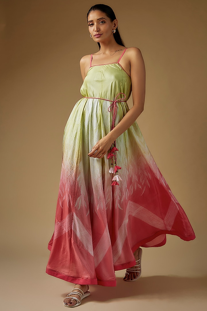 Lime & Peach Pure Silk Shibori Printed Maxi Dress by Script
