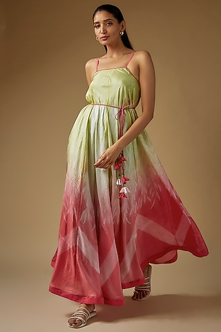 Lime & Peach Pure Silk Shibori Printed Maxi Dress by Script
