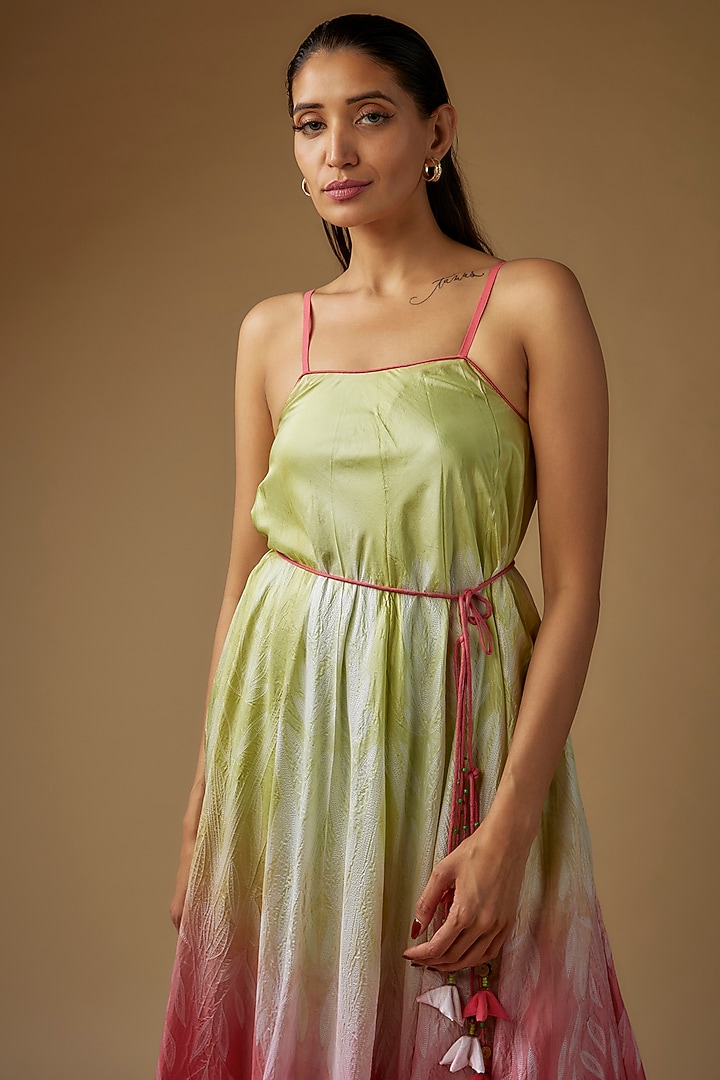 Lime & Peach Pure Silk Shibori Printed Maxi Vacation Dress by Script at Pernia's Pop Up Shop