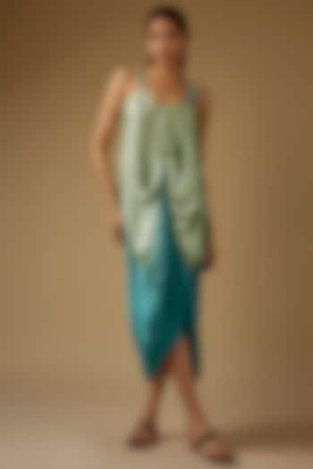 Pistachio Green & Blue Satin Shibori Printed Draped Dress by Script
