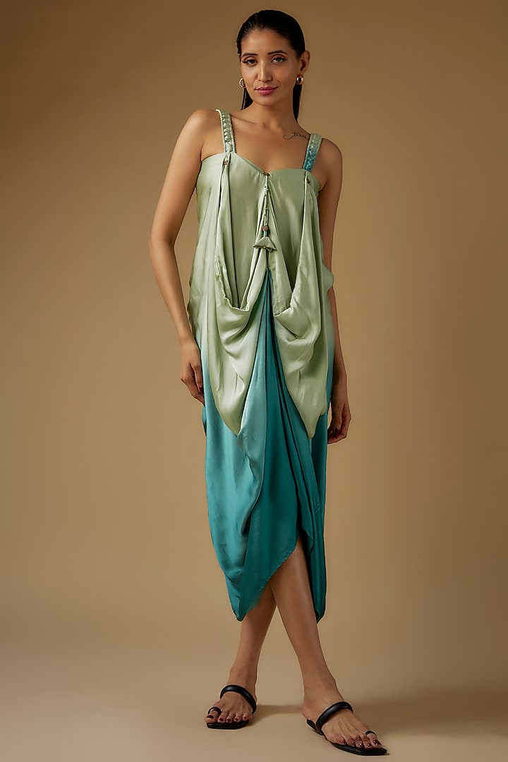 Pistachio Green & Blue Satin Shibori Printed Draped Dress by Script