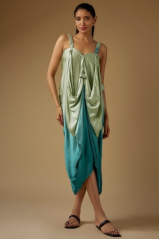 Pistachio Green & Blue Satin Shibori Printed Draped Dress by Script