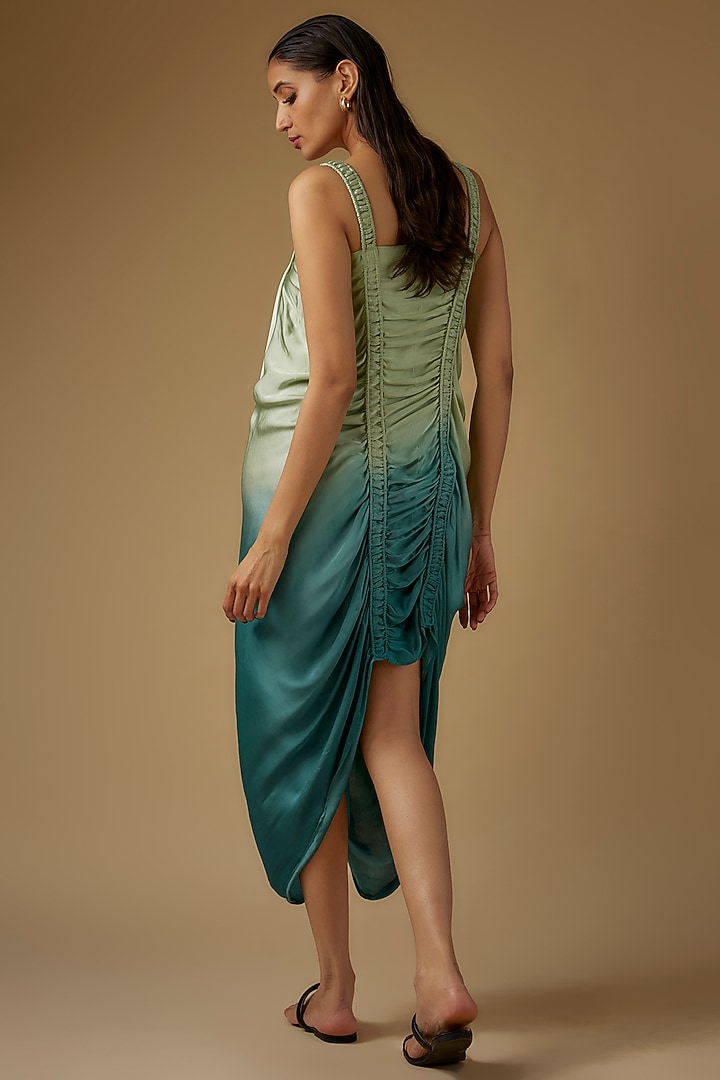 Pistachio Green & Blue Satin Shibori Printed Draped Summer Dress by Script at Pernia's Pop Up Shop