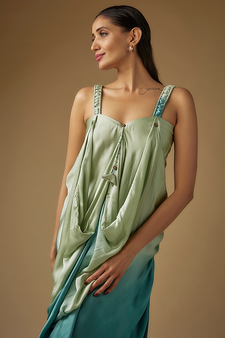 Pistachio Green & Blue Satin Shibori Printed Draped Summer Dress by Script at Pernia's Pop Up Shop