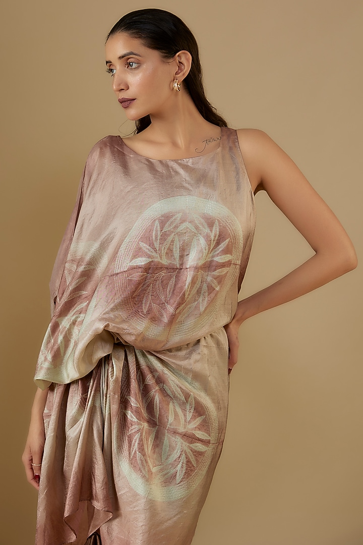 Chocolate Brown Silk Shibori Printed Knee-Length Draped Summer Dress by Script at Pernia's Pop Up Shop