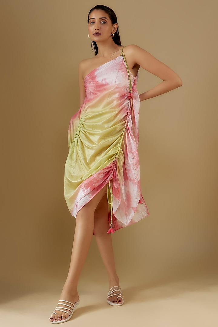 Lime & Peach Silk Shibori Printed Knee-Length Dress by Script