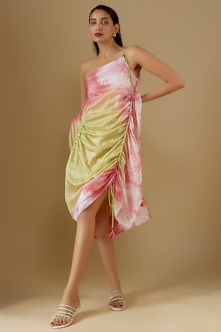 Lime & Peach Silk Shibori Printed Knee-Length Dress by Script