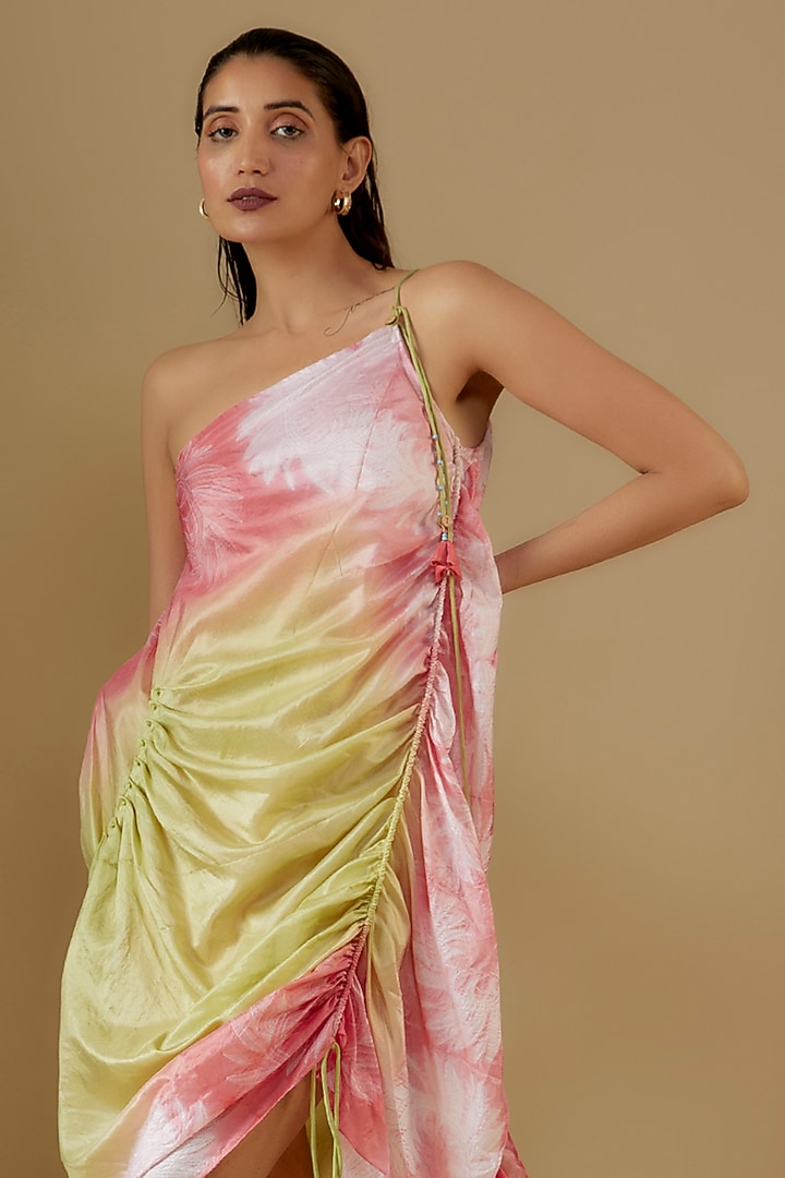 Lime & Peach Silk Shibori Printed Knee-Length Summer Dress by Script at Pernia's Pop Up Shop