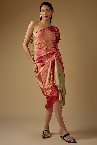 Olive Green & Red Pure Silk Shibori Printed Draped Dress by Script