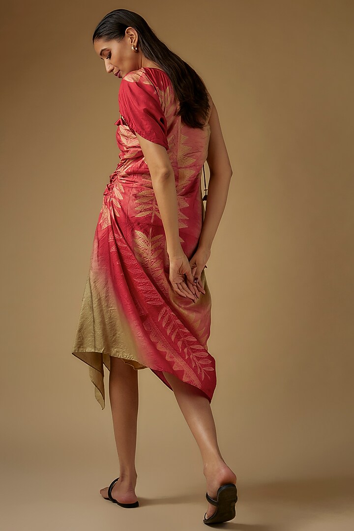 Olive Green & Red Pure Silk Shibori Printed Draped Vacation Dress by Script at Pernia's Pop Up Shop