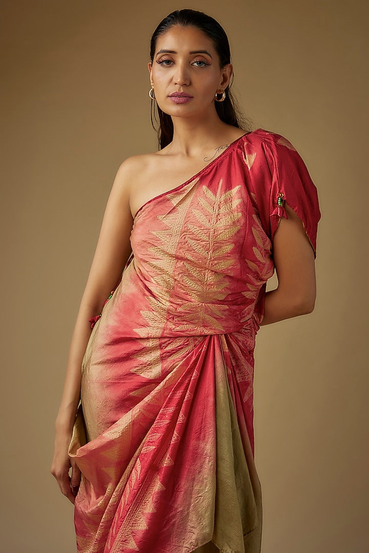 Olive Green & Red Pure Silk Shibori Printed Draped Vacation Dress by Script at Pernia's Pop Up Shop