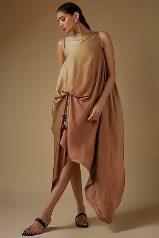 Beige & Brown Ombre Satin Draped Dress by Script