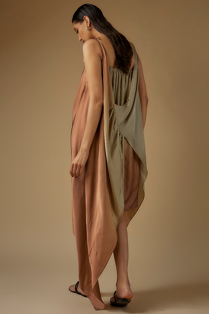 Beige & Brown Ombre Satin Draped Summer Dress by Script at Pernia's Pop Up Shop