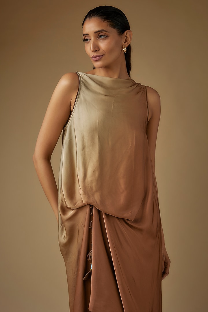 Beige & Brown Ombre Satin Draped Summer Dress by Script at Pernia's Pop Up Shop