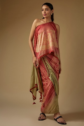 Olive Green & Red Pure Silk Shibori Printed Skirt Set by Script