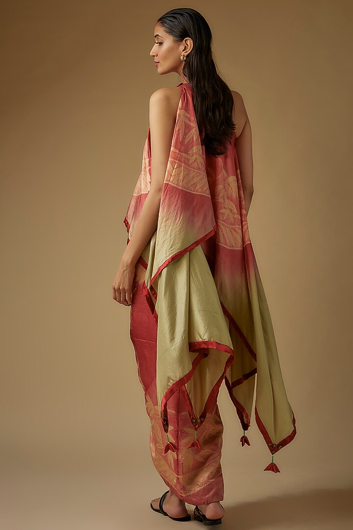 Olive Green & Red Pure Silk Shibori Printed Skirt Set by Script at Pernia's Pop Up Shop