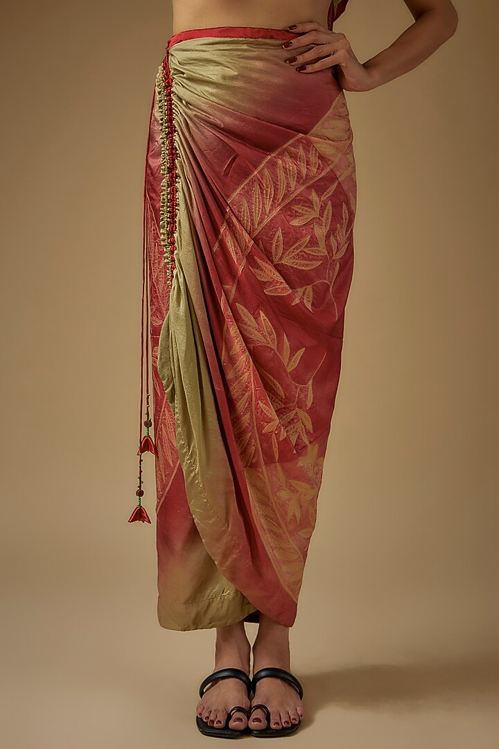 Olive Green & Red Pure Silk Shibori Printed Skirt Set by Script at Pernia's Pop Up Shop