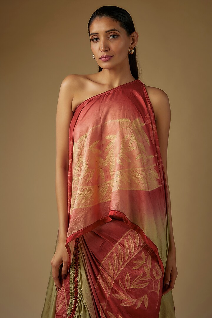 Olive Green & Red Pure Silk Shibori Printed Skirt Set by Script at Pernia's Pop Up Shop