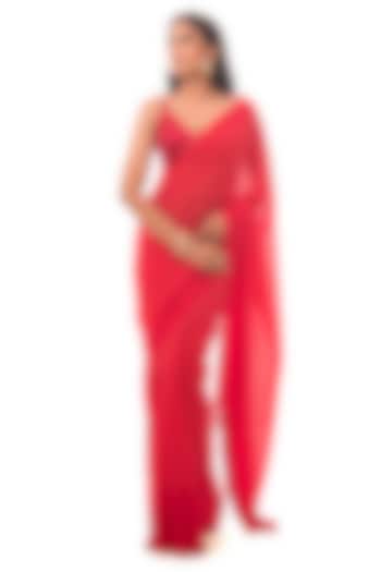 Red Pure Georgette Handloom Saree Set by Sacred Weaves
