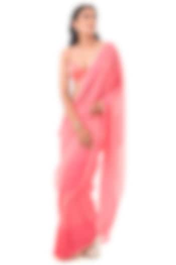 Coral Pink Pure Georgette Handloom Saree Set by Sacred Weaves at Pernia's Pop Up Shop