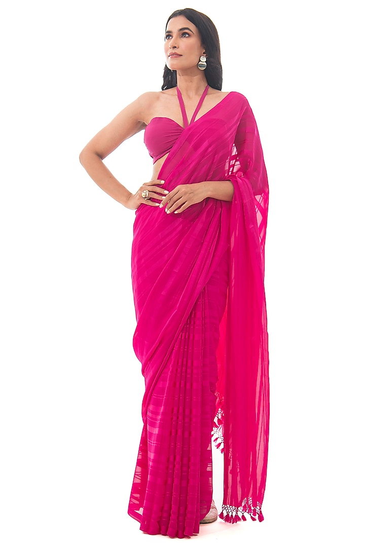 Dark Pink Satin Georgette Handloom Striped Saree Set by Sacred Weaves