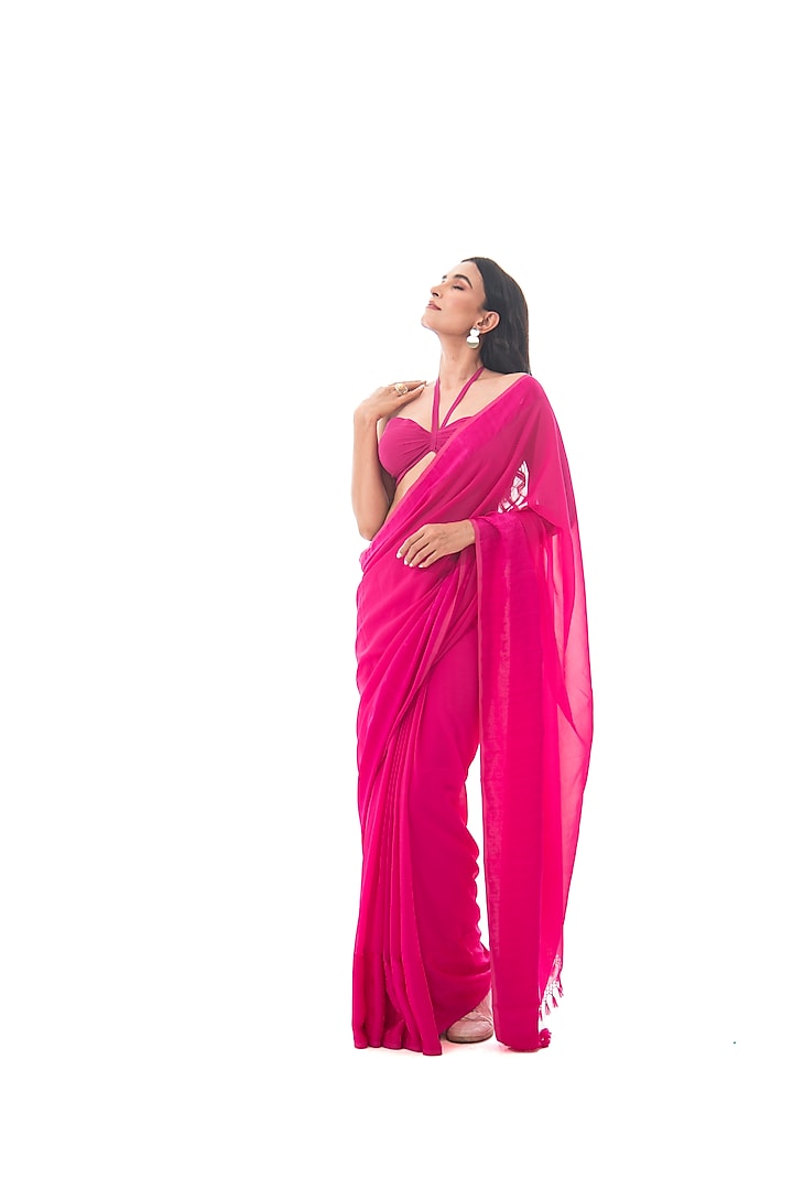 Dark Pink Pure Georgette Handloom Saree Set by Sacred Weaves at Pernia's Pop Up Shop