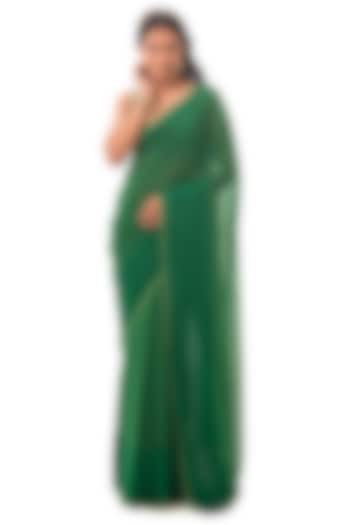 Bottle Green Satin Georgette Handloom Striped Saree Set by Sacred Weaves