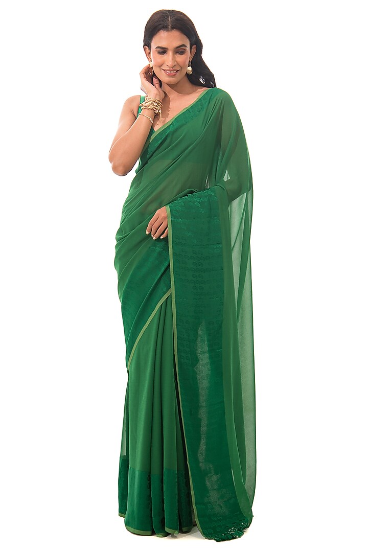 Bottle Green Satin Georgette Handloom Striped Festive Saree Set by Sacred Weaves at Pernia's Pop Up Shop