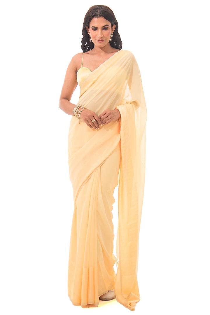 Yellow Pure Georgette Handloom Saree Set by Sacred Weaves