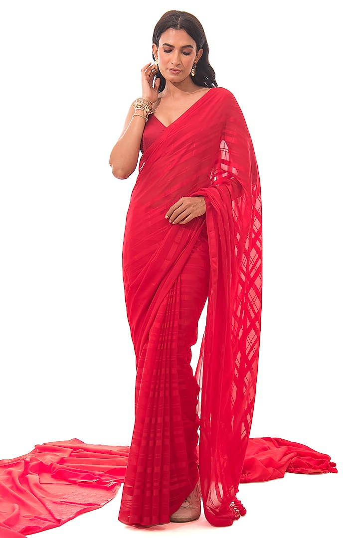 Red Satin Georgette Handloom Striped Saree Set by Sacred Weaves