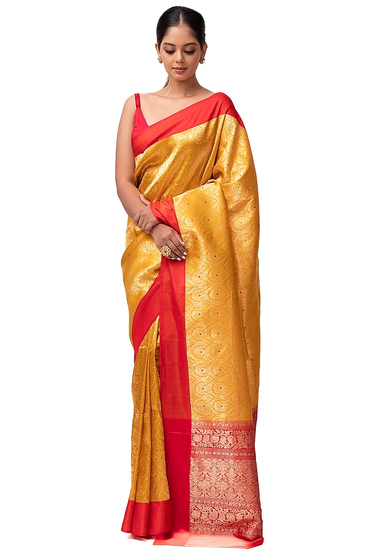 Yellow Katan Silk Banarasi Handwoven Saree by Sacred Weaves