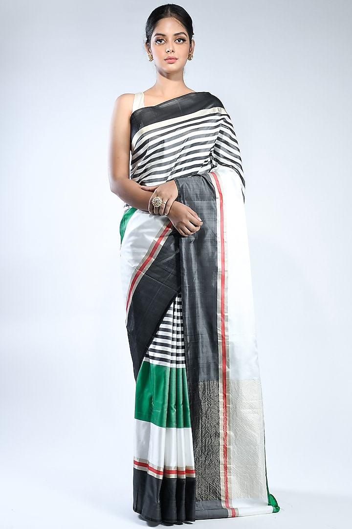 Black & White Striped Handwoven Saree by Sacred Weaves