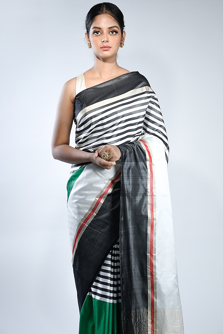 Black & White Striped Handwoven Wedding Saree by Sacred Weaves at Pernia's Pop Up Shop