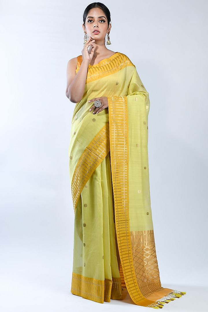 Yellow Chanderi Silk Handwoven Banarasi Saree by Sacred Weaves