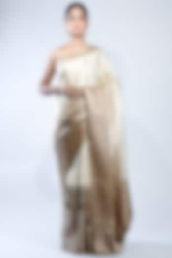 Beige Pure Satin Silk Zari Handwoven Saree by Sacred Weaves