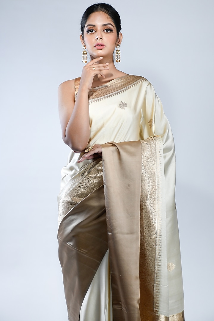 Beige Pure Satin Silk Zari Handwoven Wedding Saree by Sacred Weaves at Pernia's Pop Up Shop