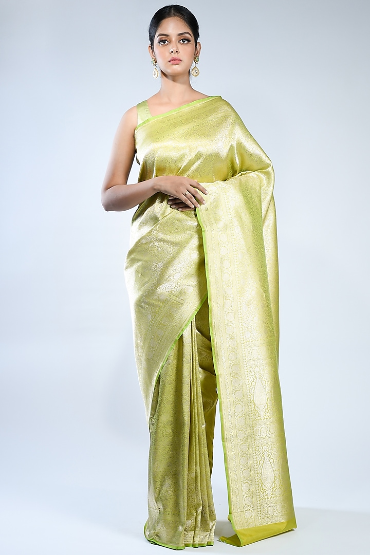 Pista Green Pure Katan Silk Handwoven Saree by Sacred Weaves