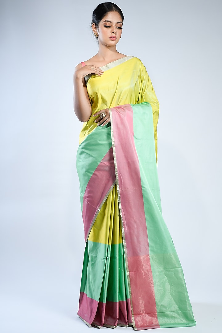 Green & Pink Striped Handwoven Saree by Sacred Weaves