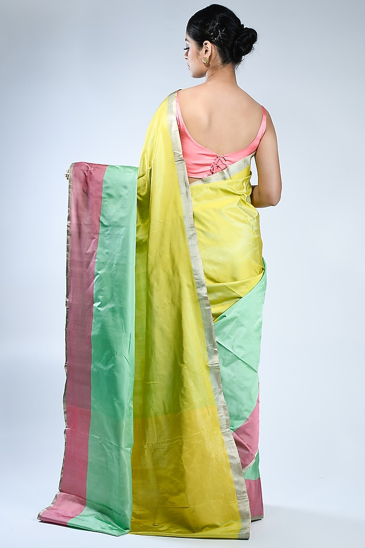 Green & Pink Striped Handwoven Wedding Saree by Sacred Weaves at Pernia's Pop Up Shop