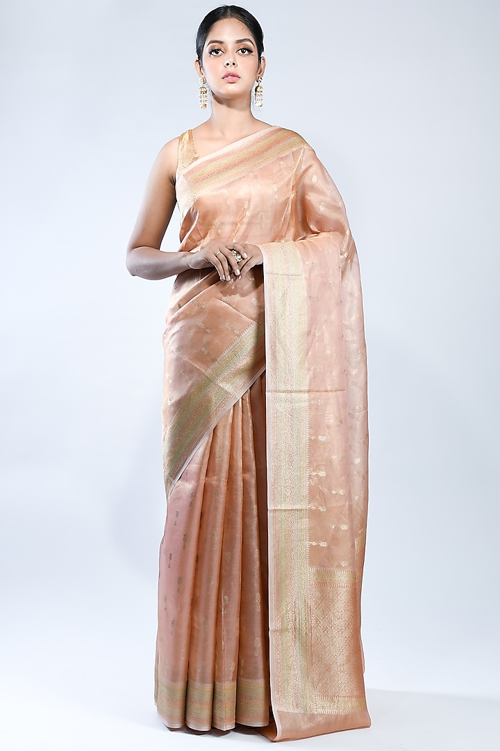 Pastel Peach Pure Tissue Handwoven Saree by Sacred Weaves