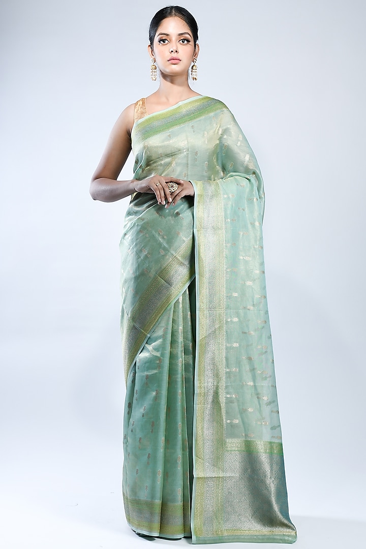 Sea Green Pure Tissue Handwoven Saree by Sacred Weaves
